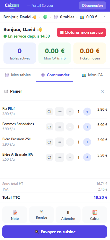 Portail Serveur Caizon — panier et envoi cuisine
