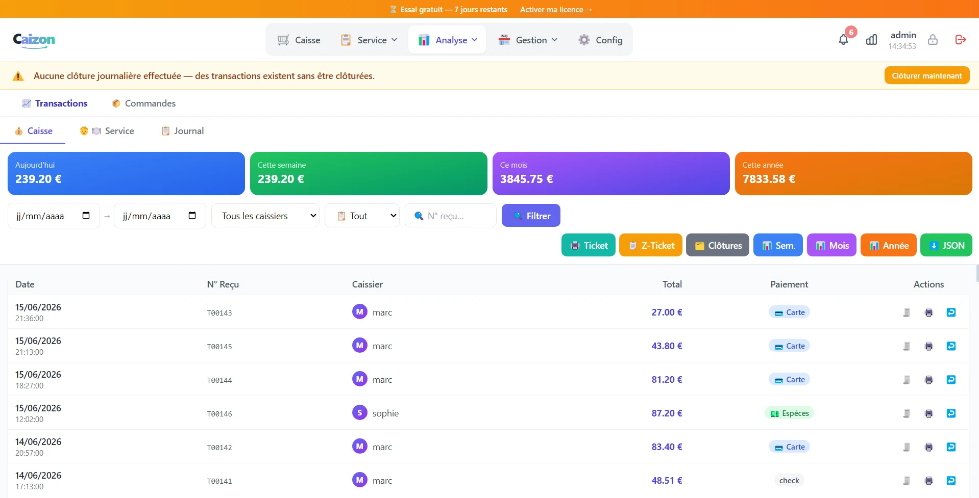 Historique des transactions Caizon