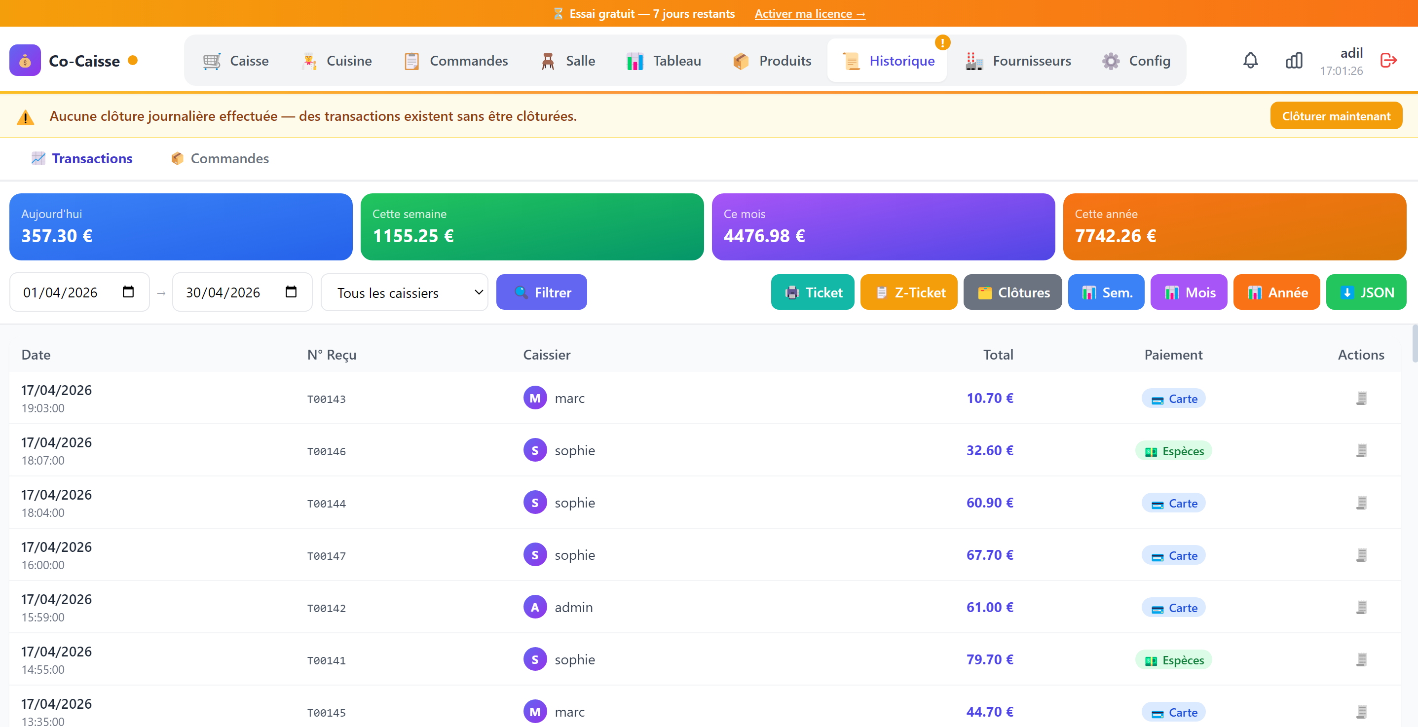 Historique transactions Caizon