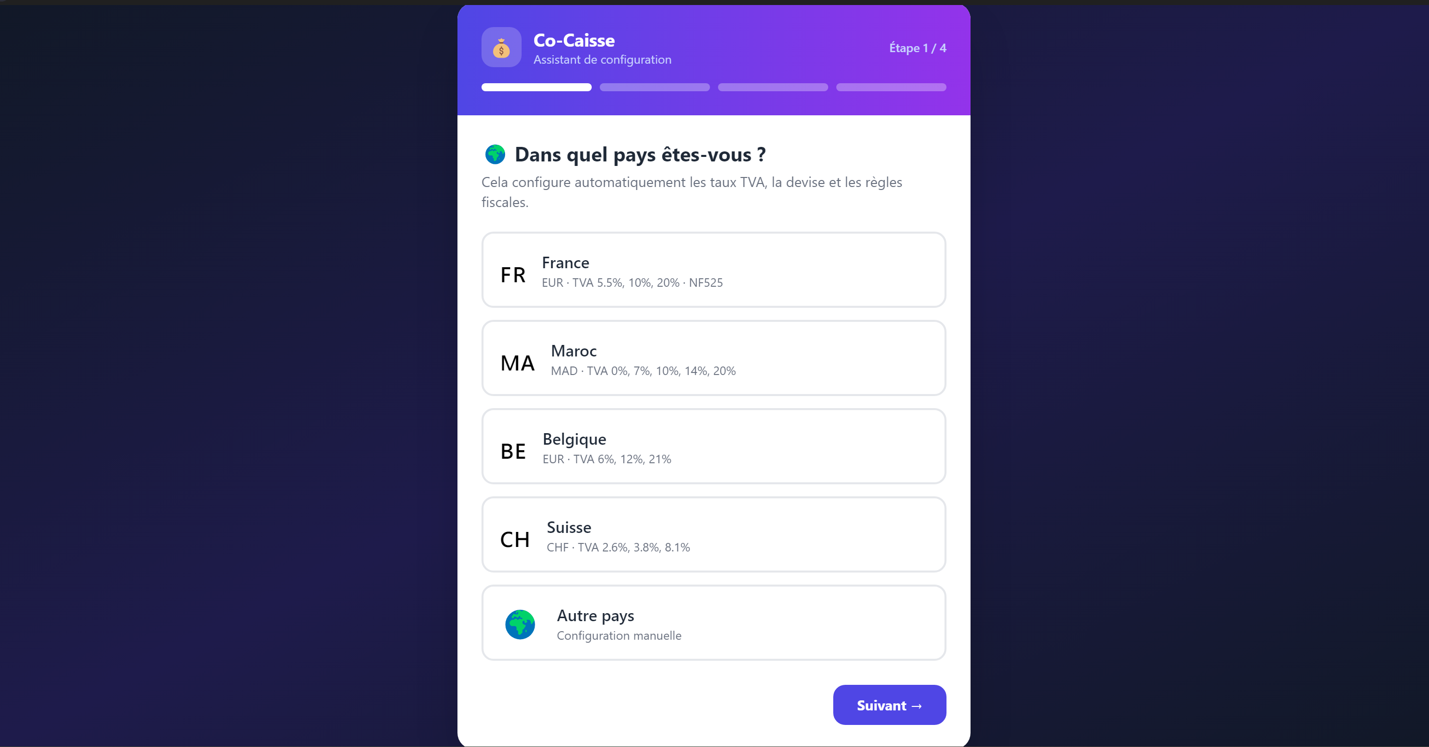 Wizard étape 1 — Choix du pays